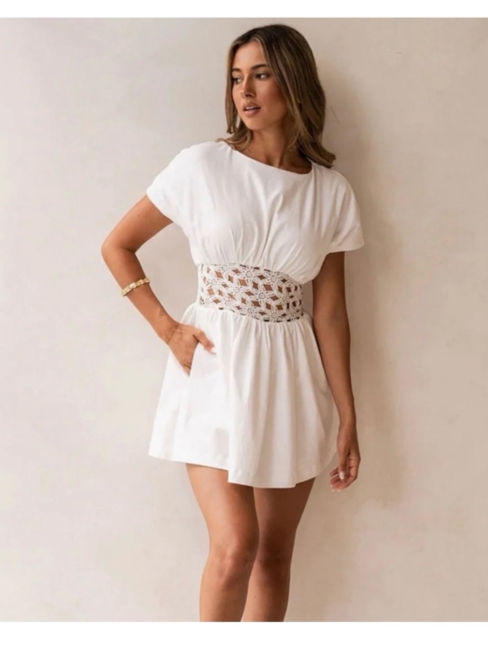 Sabo Skirt White Cotton Dress with Crochet Waist
